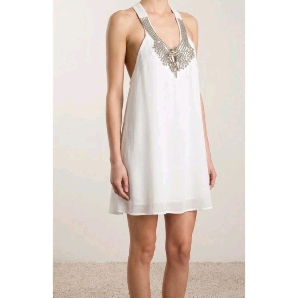 L'ATISTE White Halter Dress Medium Beaded Embellished Racerback Chiffon Lined